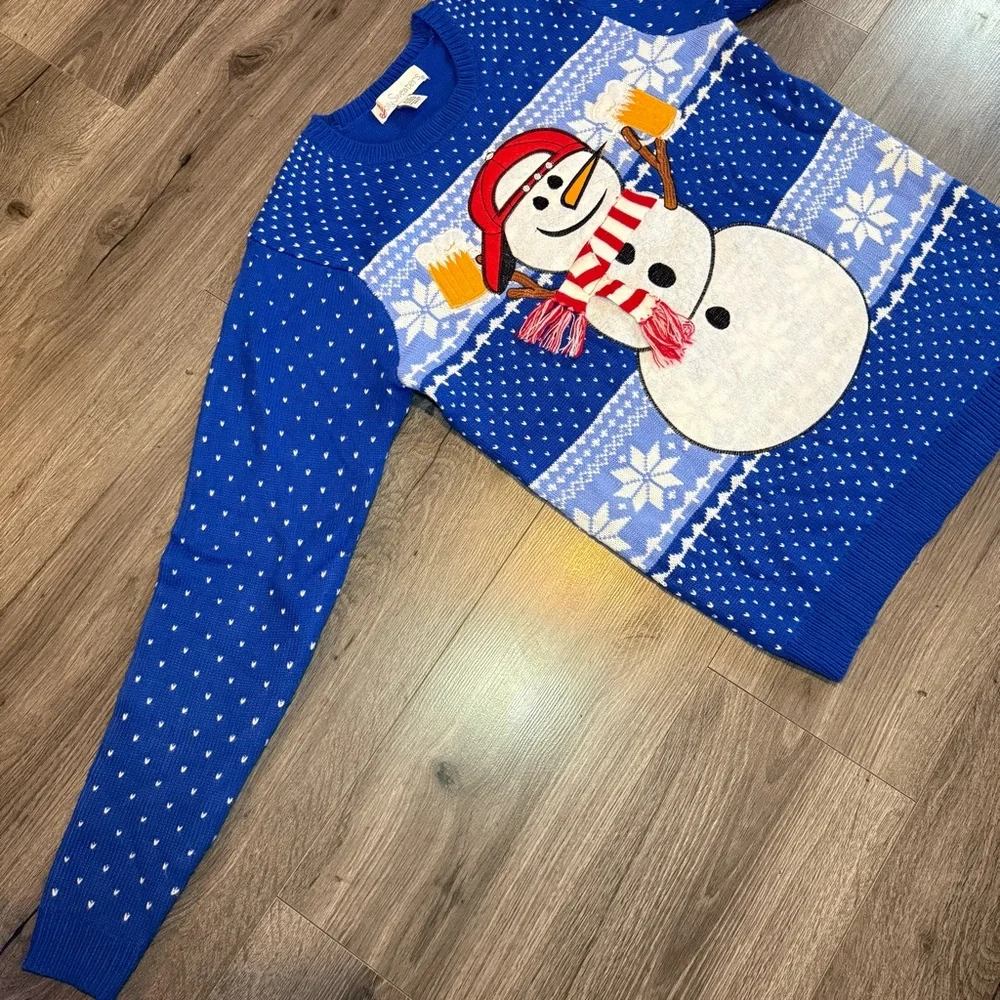 Jolly Sweaters Christmas sweater - Blue Snowman cheering with beers size Medium